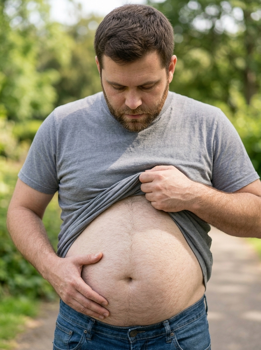 Man lifting his shirt to look at stubborn belly fat