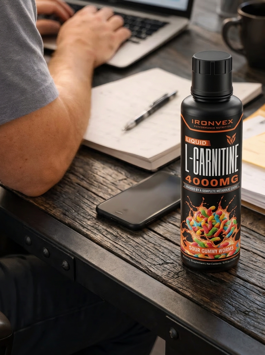 IronVex Liquid L-Carnitine on a busy professional's work desk