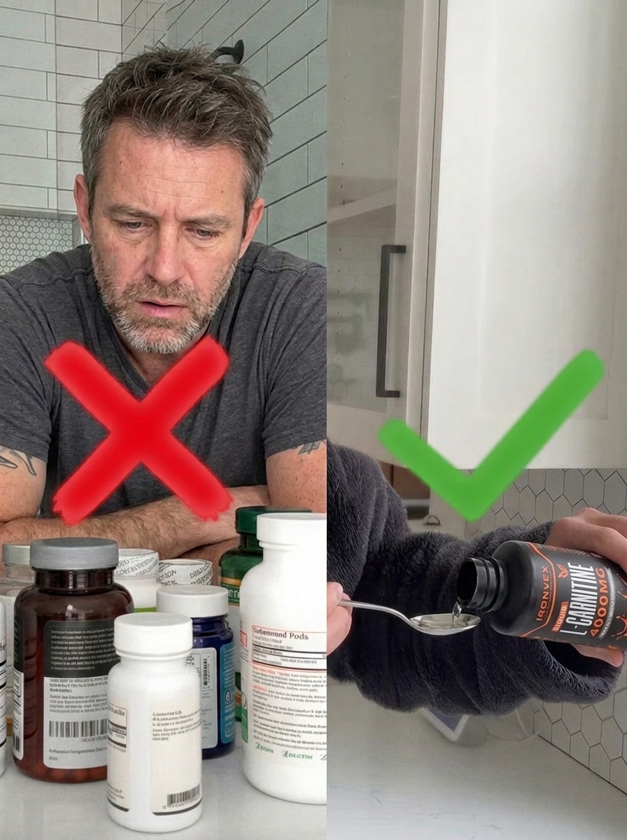 Pile of supplement pills vs. a tablespoon of IronVex liquid
